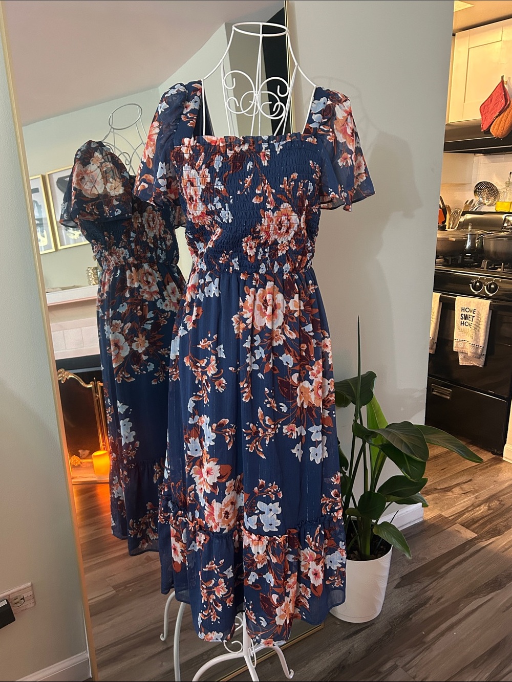 LC Lauren Conrad Navy Floral Smocked Midi Dress with Puff Sleeves
